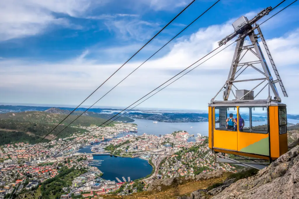 Ulriken cable railway in Bergen, Norway, with panoramic views of the city and surrounding landscapes from the summit.