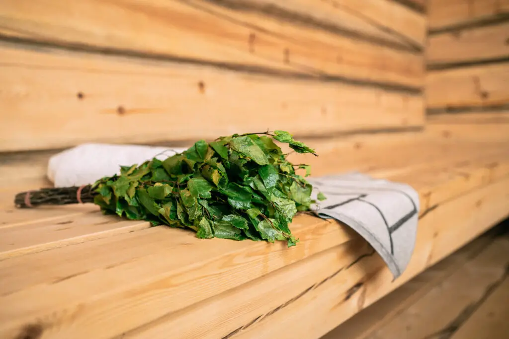Traditional Scandinavian sauna experience showcasing a fresh bath whisk on wooden benches