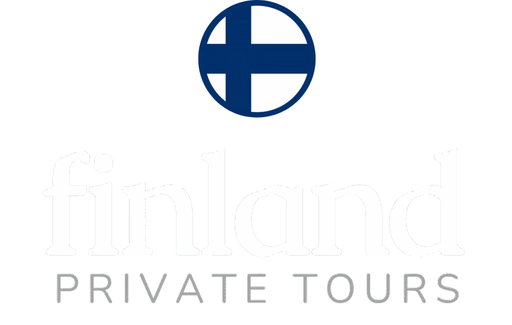 Finland Private Tours logo featuring a blue and white Finnish flag above stylized white text on a black background
